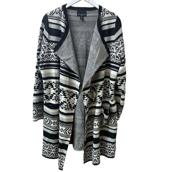 Cynthia Rowley Long Cardigan Plus Size 1X Open Sweater Black Aztec Wool Blend Du - Picture 1 of 10